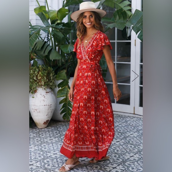 Pretty Garden Dresses & Skirts - NEW Sexy Boho Style Wrap Floral Print Summer Long Red gold V-Neck Maxi Dress M